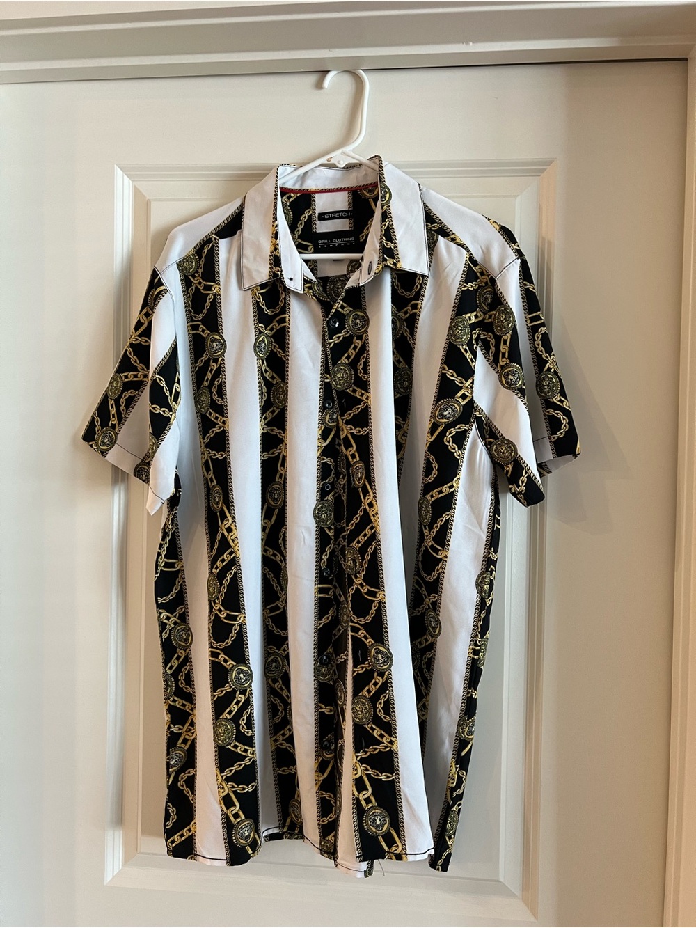 Fashion Nova Black & White Striped Short-Sleeve Shirt with Gold Chain Print